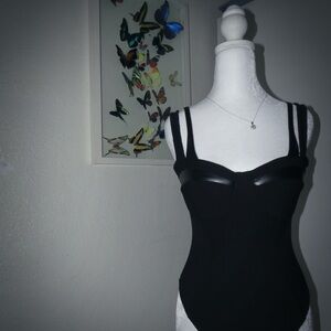 Maniere De Voir Twin Strap Black Ribbed Bodysuit Vegan Leather